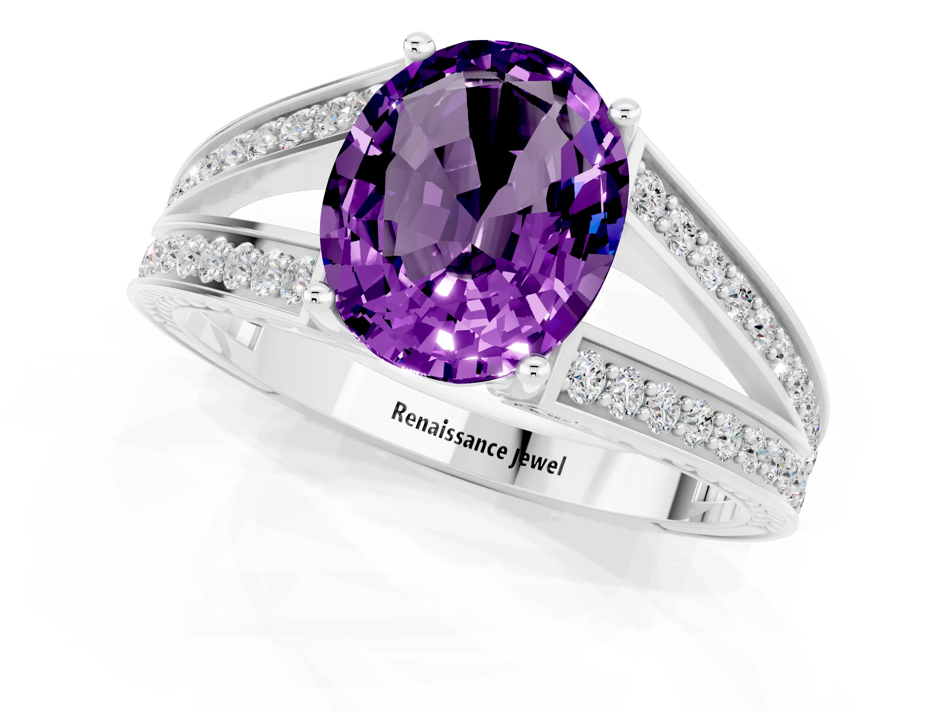 White gold Oval Cut Amethyst Split Shank Ring with Pavé Band and Four-Prong Setting_1