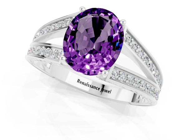 Platinum Oval Cut Amethyst Split Shank Ring with Pavé Band and Four-Prong Setting