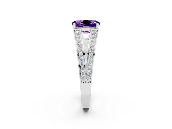 Silver Oval Cut Amethyst Split Shank Ring with Pavé Band and Four-Prong Setting