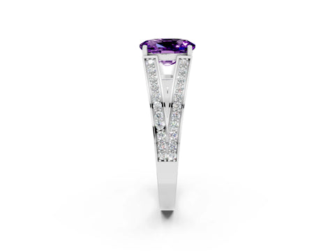 White gold Oval Cut Amethyst Split Shank Ring with Pavé Band and Four-Prong Setting_2
