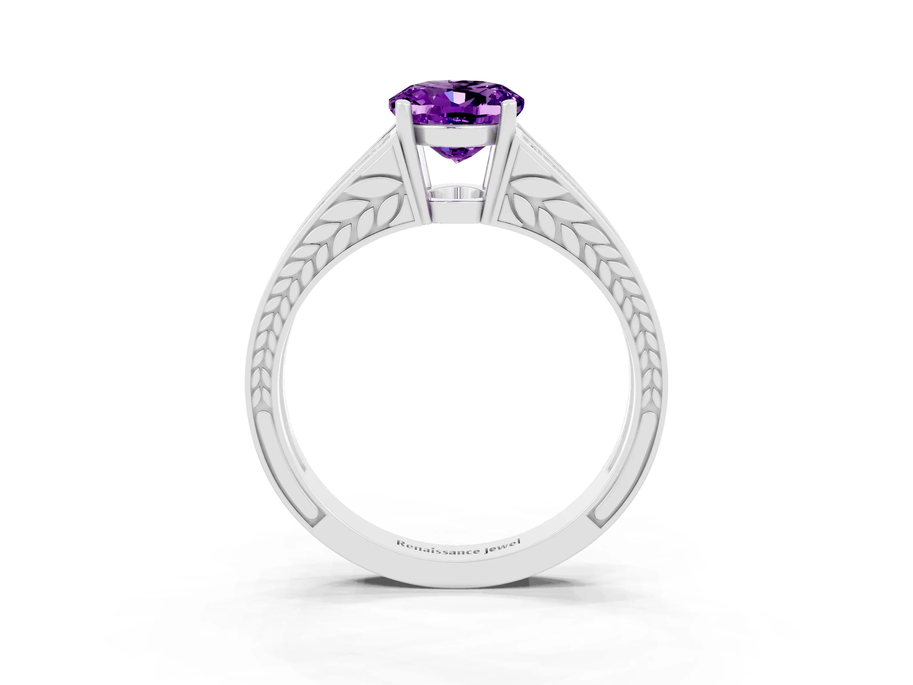 White gold Oval Cut Amethyst Split Shank Ring with Pavé Band and Four-Prong Setting_3