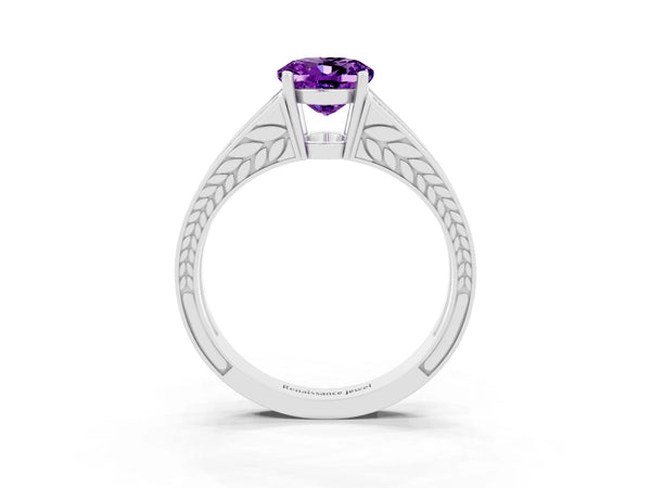 White gold Oval Cut Amethyst Split Shank Ring with Pavé Band and Four-Prong Setting