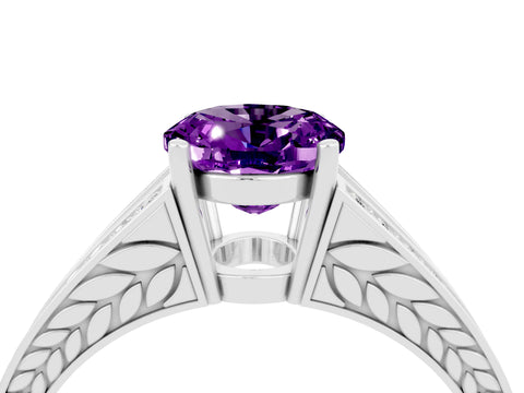 White gold Oval Cut Amethyst Split Shank Ring with Pavé Band and Four-Prong Setting_4