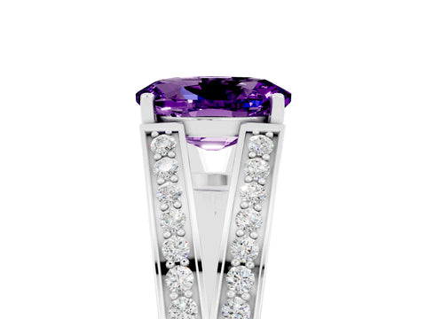White gold Oval Cut Amethyst Split Shank Ring with Pavé Band and Four-Prong Setting_5