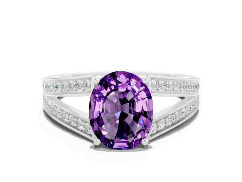 White gold Oval Cut Amethyst Split Shank Ring with Pavé Band and Four-Prong Setting