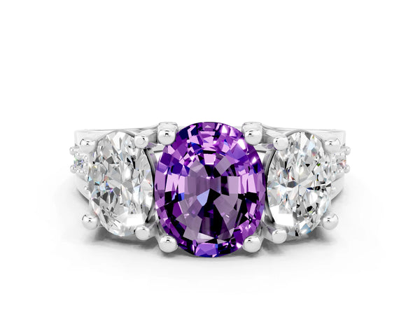 White gold Oval Cut Amethyst Three-Stone Ring with Channel Set Band and Four-Prong Setting