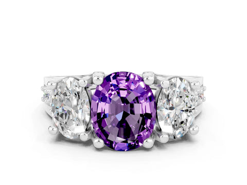 White gold Oval Cut Amethyst Three-Stone Ring with Channel Set Band and Four-Prong Setting
