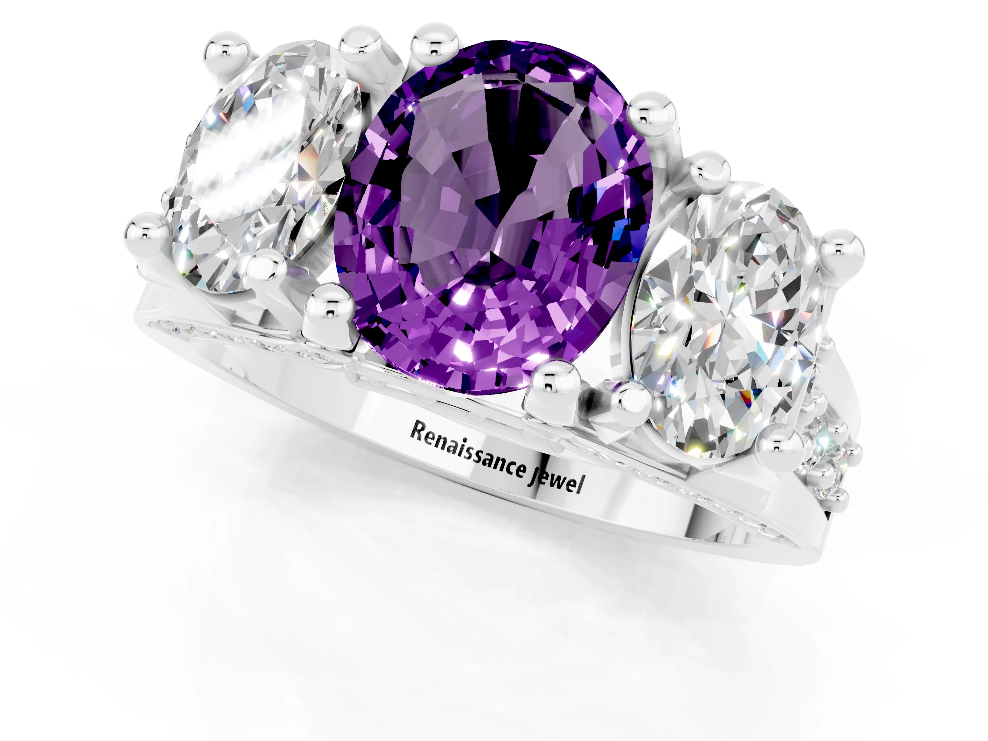 White gold Oval Cut Amethyst Three-Stone Ring with Channel Set Band and Four-Prong Setting_1