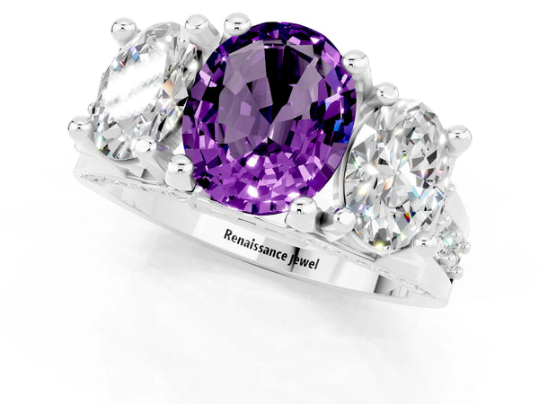 White gold Oval Cut Amethyst Three-Stone Ring with Channel Set Band and Four-Prong Setting