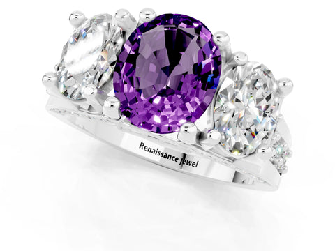 White gold Oval Cut Amethyst Three-Stone Ring with Channel Set Band and Four-Prong Setting_1