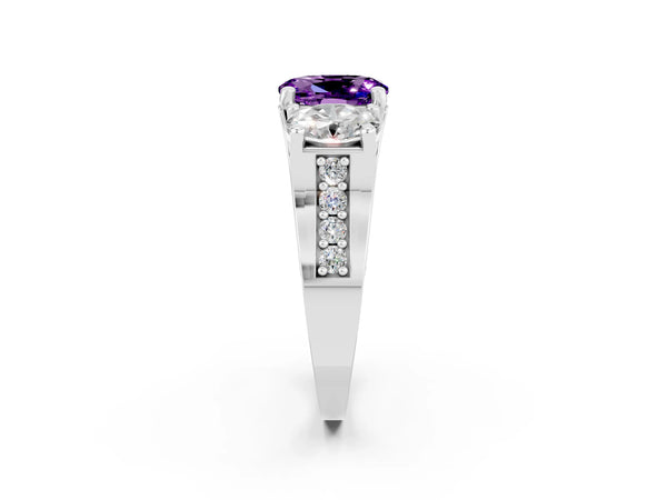 Platinum Oval Cut Amethyst Three-Stone Ring with Channel Set Band and Four-Prong Setting