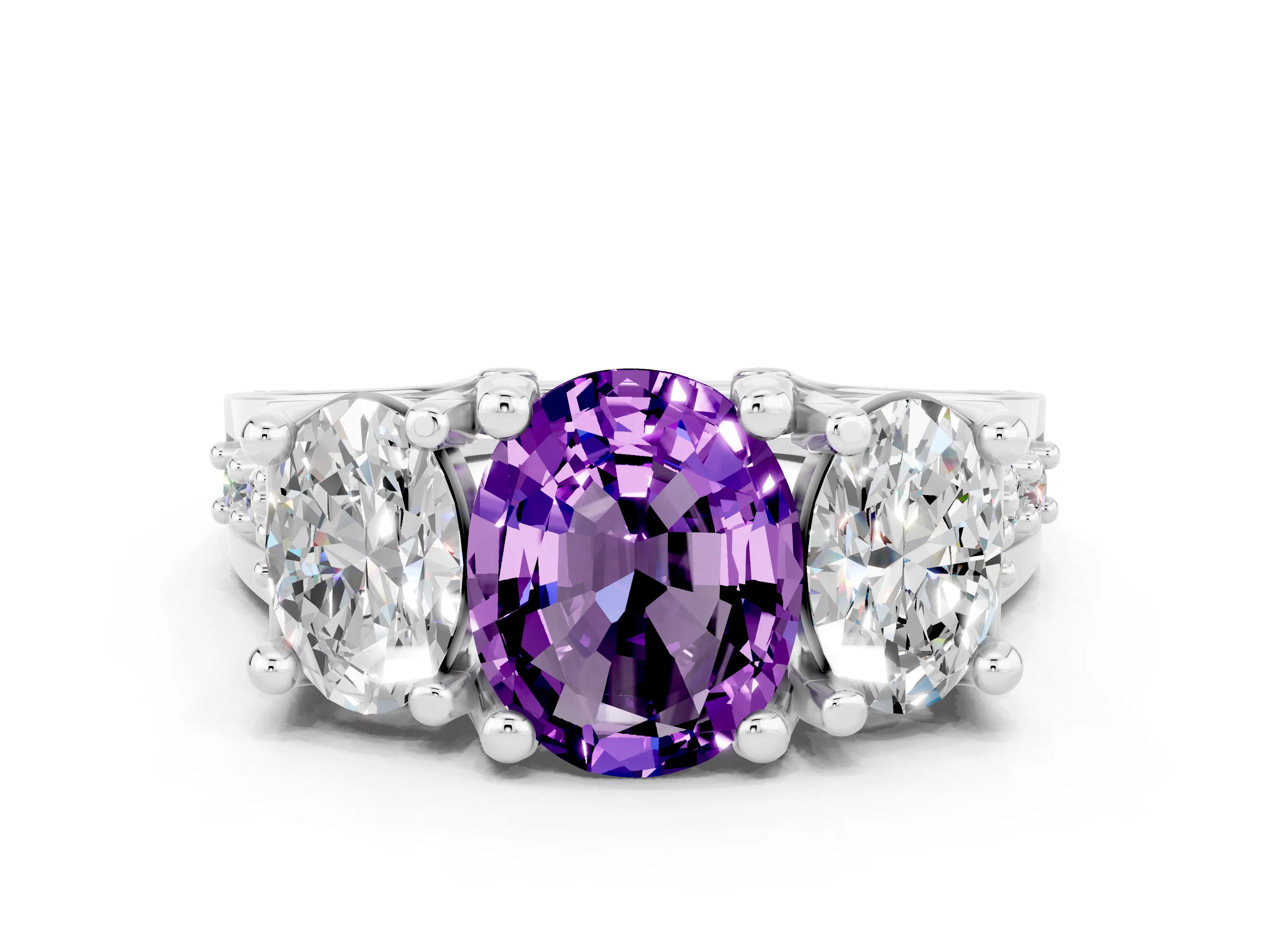 White gold Oval Cut Amethyst Three-Stone Ring with Channel Set Band and Four-Prong Setting