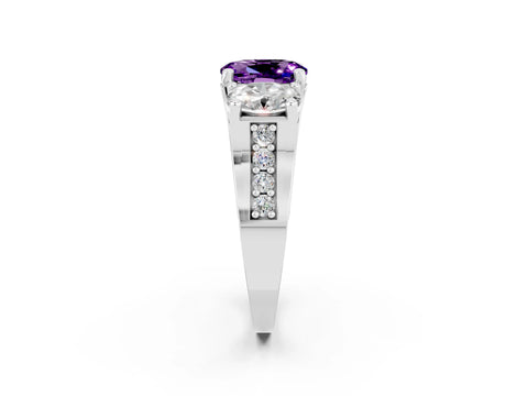 White gold Oval Cut Amethyst Three-Stone Ring with Channel Set Band and Four-Prong Setting_2