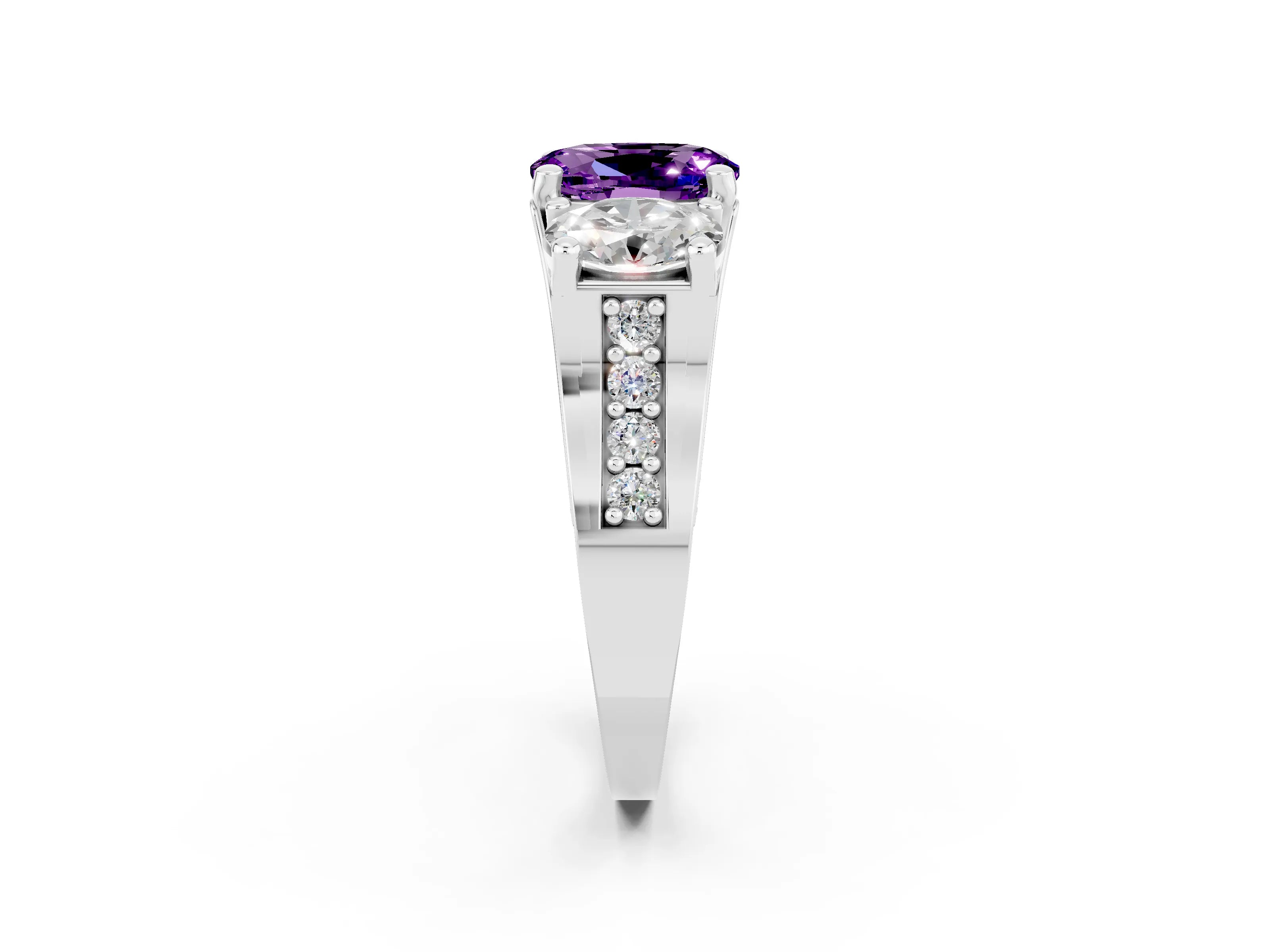 White gold Oval Cut Amethyst Three-Stone Ring with Channel Set Band and Four-Prong Setting_2