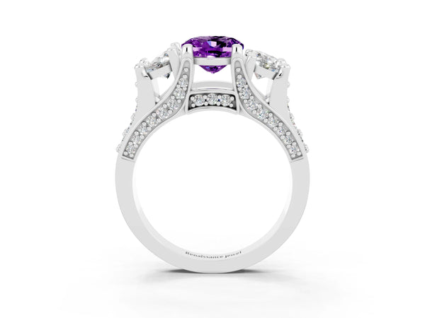 Platinum Oval Cut Amethyst Three-Stone Ring with Channel Set Band and Four-Prong Setting