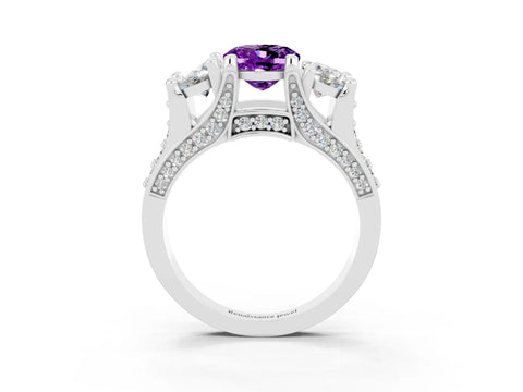 White gold Oval Cut Amethyst Three-Stone Ring with Channel Set Band and Four-Prong Setting_3