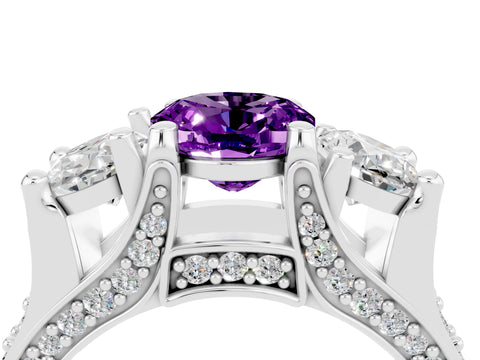 White gold Oval Cut Amethyst Three-Stone Ring with Channel Set Band and Four-Prong Setting_4