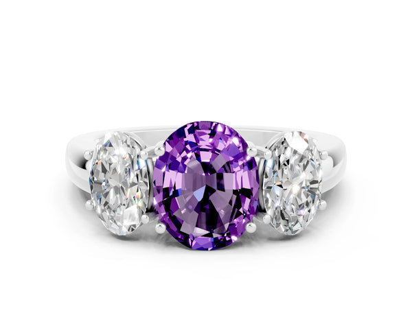 Platinum Oval Cut Amethyst Three-Stone Ring with Four-Prong Setting and Classic Band