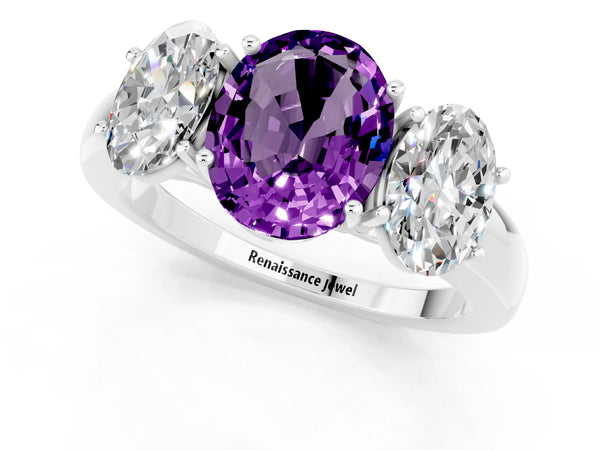 Platinum Oval Cut Amethyst Three-Stone Ring with Four-Prong Setting and Classic Band