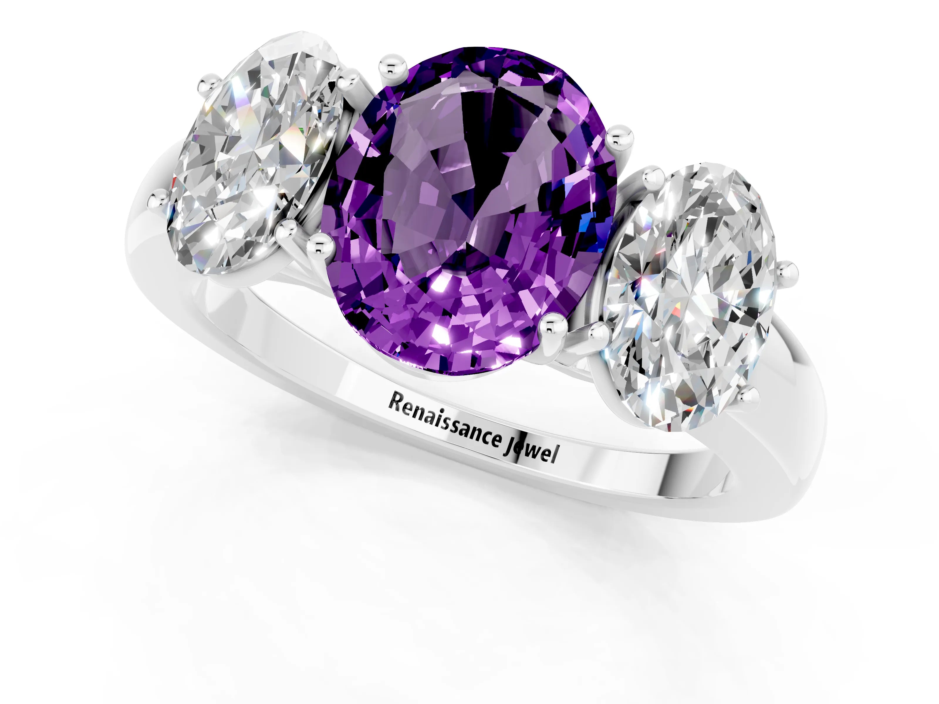 White gold Oval Cut Amethyst Three-Stone Ring with Four-Prong Setting and Classic Band_1