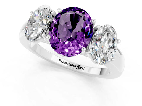 White gold Oval Cut Amethyst Three-Stone Ring with Four-Prong Setting and Classic Band_1