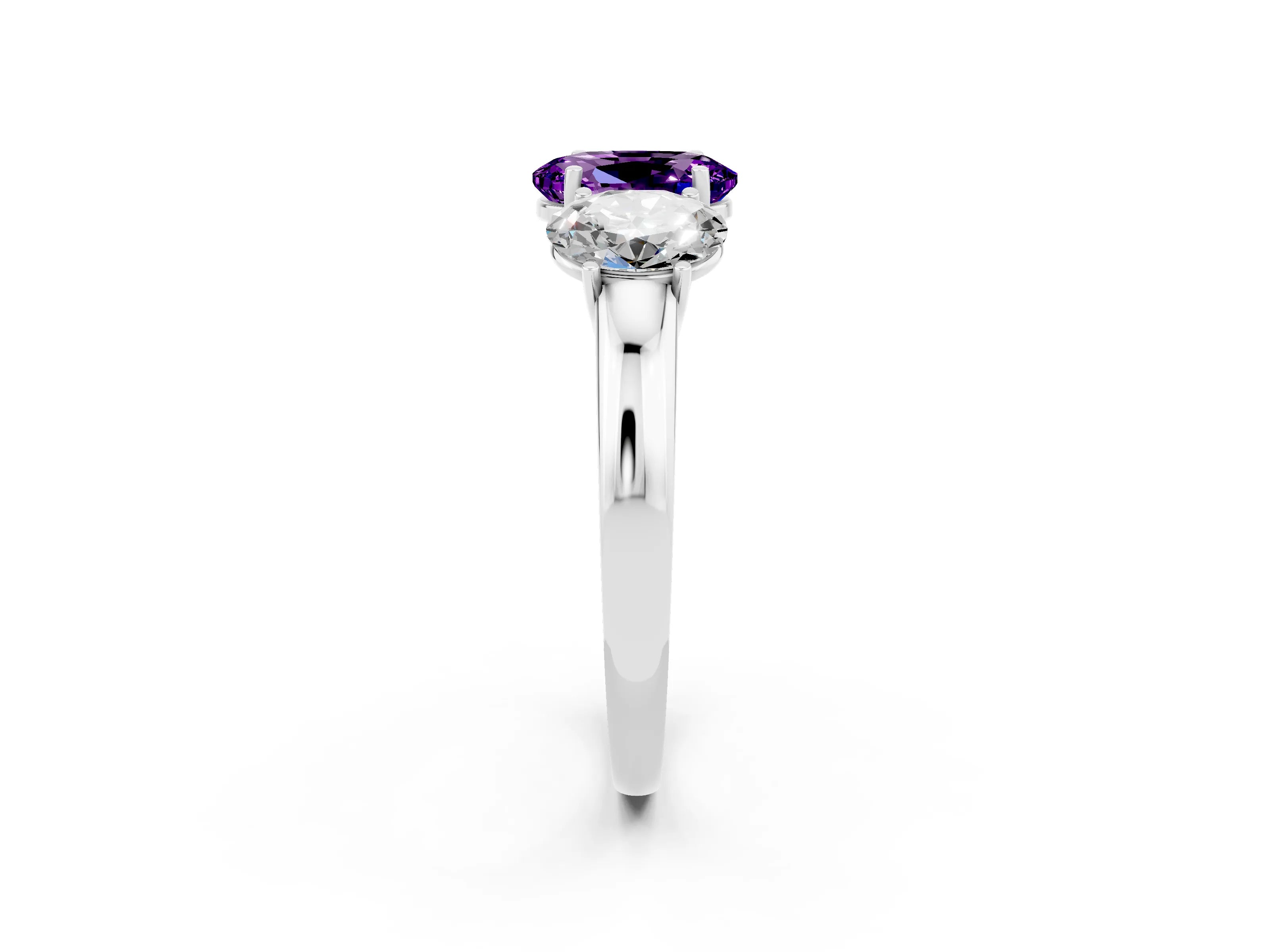 White gold Oval Cut Amethyst Three-Stone Ring with Four-Prong Setting and Classic Band_2