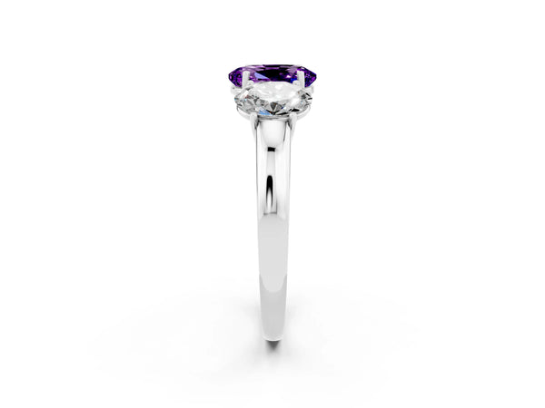 Platinum Oval Cut Amethyst Three-Stone Ring with Four-Prong Setting and Classic Band