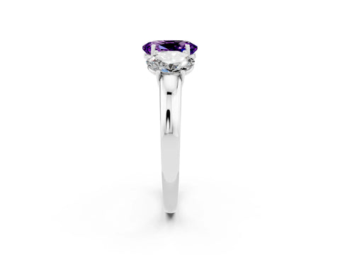 White gold Oval Cut Amethyst Three-Stone Ring with Four-Prong Setting and Classic Band_2