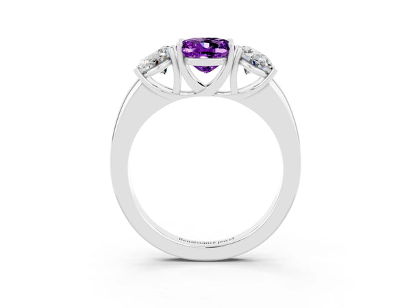 Platinum Oval Cut Amethyst Three-Stone Ring with Four-Prong Setting and Classic Band