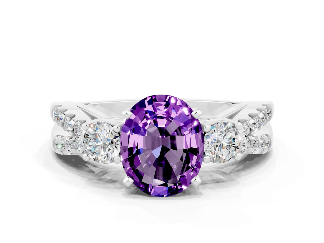 White gold Oval Cut Amethyst Three-Stone Ring with Pavé Split Shank and Four-Prong Setting_12
