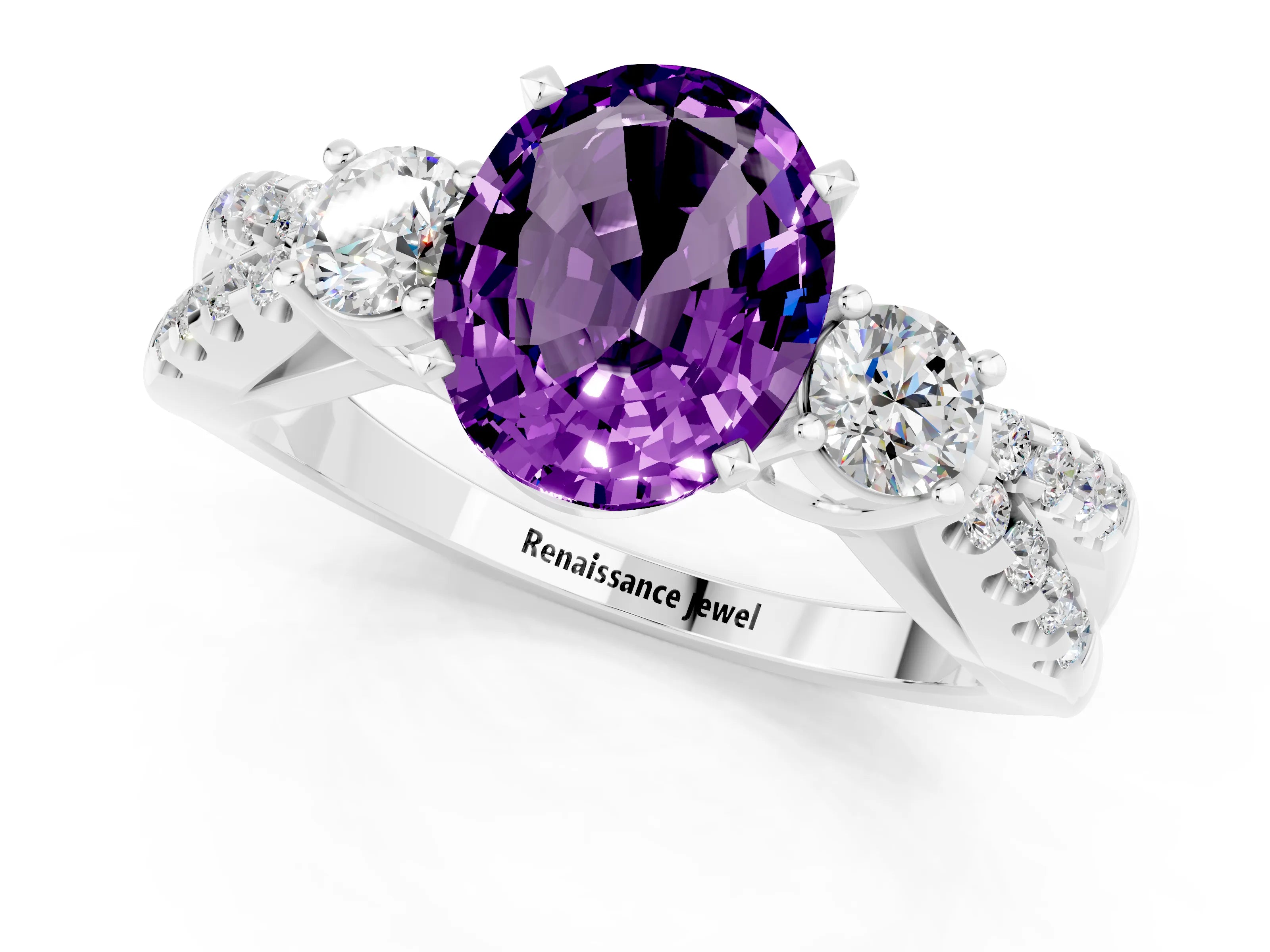 White gold Oval Cut Amethyst Three-Stone Ring with Pavé Split Shank and Four-Prong Setting_13
