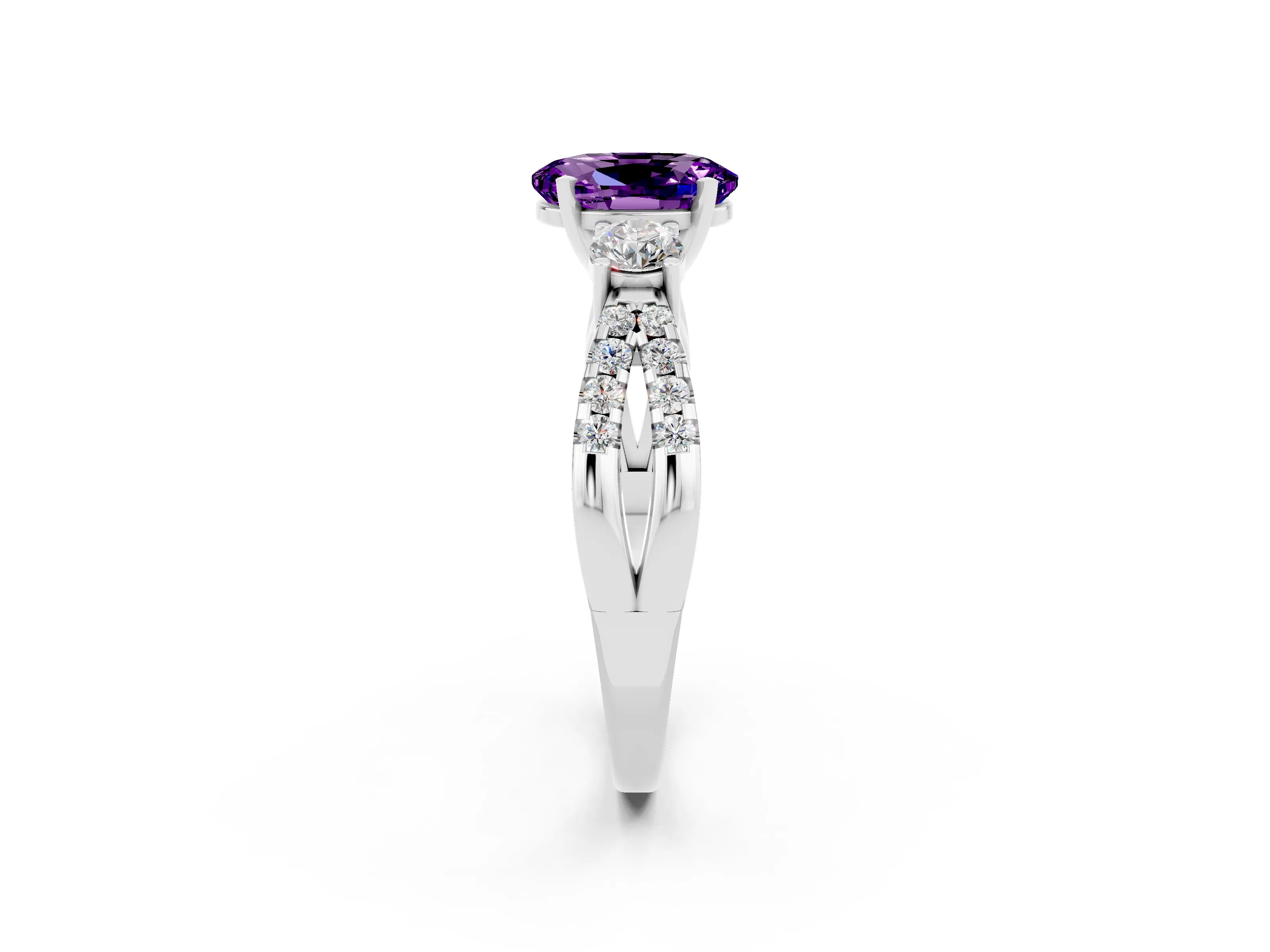White gold Oval Cut Amethyst Three-Stone Ring with Pavé Split Shank and Four-Prong Setting_14