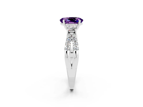 White gold Oval Cut Amethyst Three-Stone Ring with Pavé Split Shank and Four-Prong Setting
