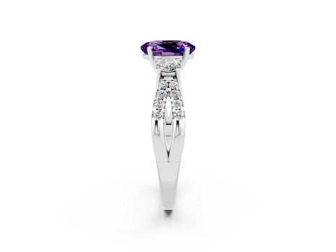 White gold Oval Cut Amethyst Three-Stone Ring with Pavé Split Shank and Four-Prong Setting_14