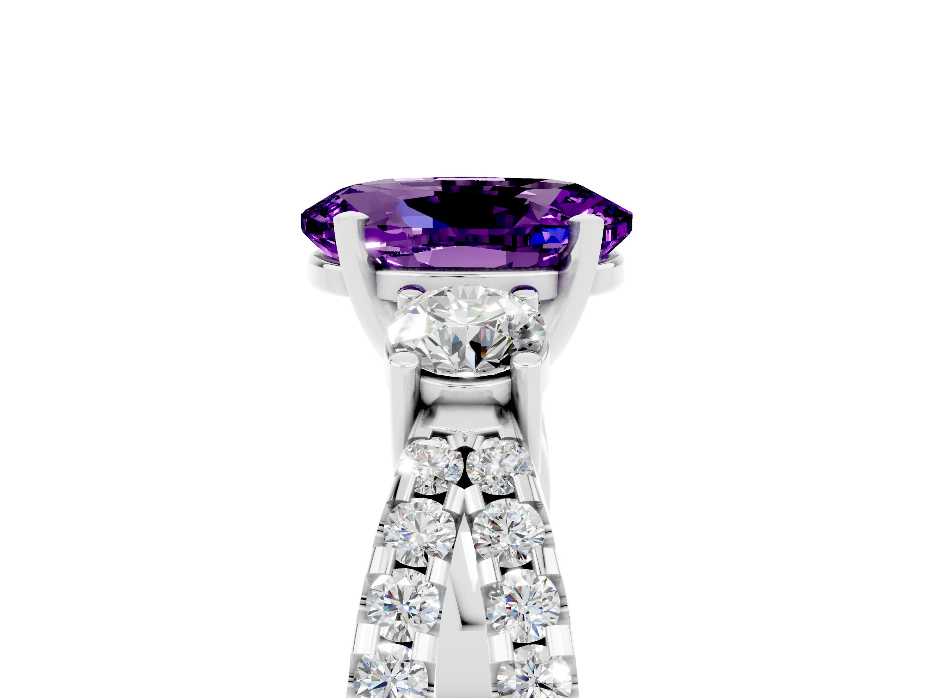 White gold Oval Cut Amethyst Three-Stone Ring with Pavé Split Shank and Four-Prong Setting_17