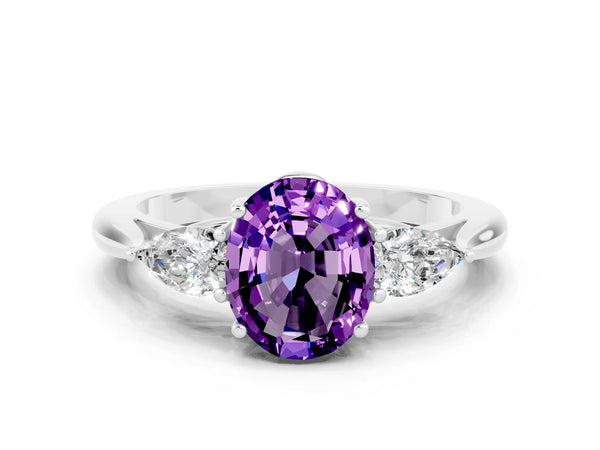 Platinum Oval Cut Amethyst Three-Stone Ring with Pear Side Stones and Prong Setting