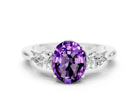 White gold Oval Cut Amethyst Three-Stone Ring with Pear Side Stones and Four-Prong Setting_12