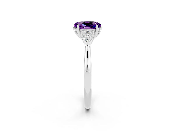 Silver Oval Cut Amethyst Three-Stone Ring with Pear Side Stones and Prong Setting