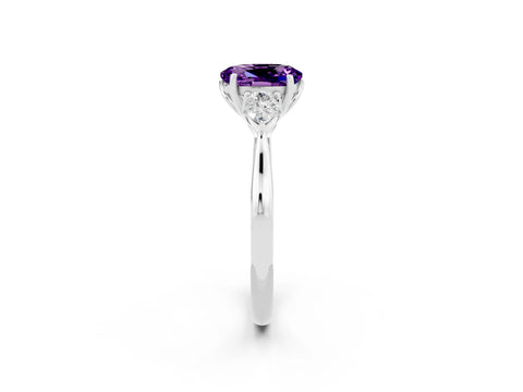 White gold Oval Cut Amethyst Three-Stone Ring with Pear Side Stones and Four-Prong Setting_14