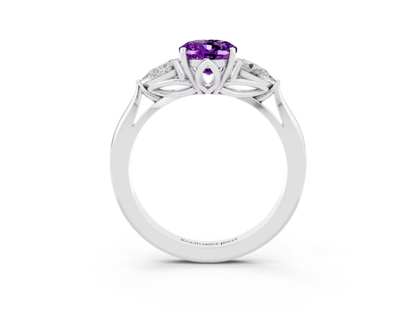 Platinum Oval Cut Amethyst Three-Stone Ring with Pear Side Stones and Prong Setting