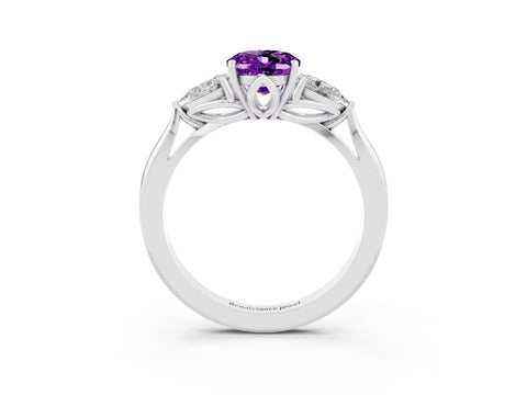White gold Oval Cut Amethyst Three-Stone Ring with Pear Side Stones and Four-Prong Setting_15