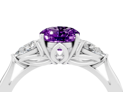 White gold Oval Cut Amethyst Three-Stone Ring with Pear Side Stones and Four-Prong Setting_16