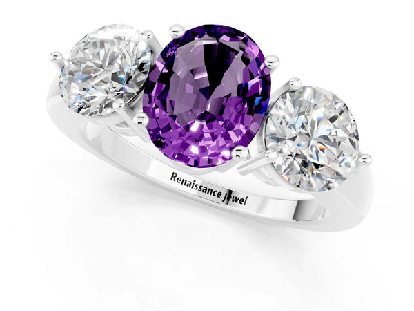Platinum Oval Cut Amethyst Three-Stone Ring with Prong Setting and Classic Band