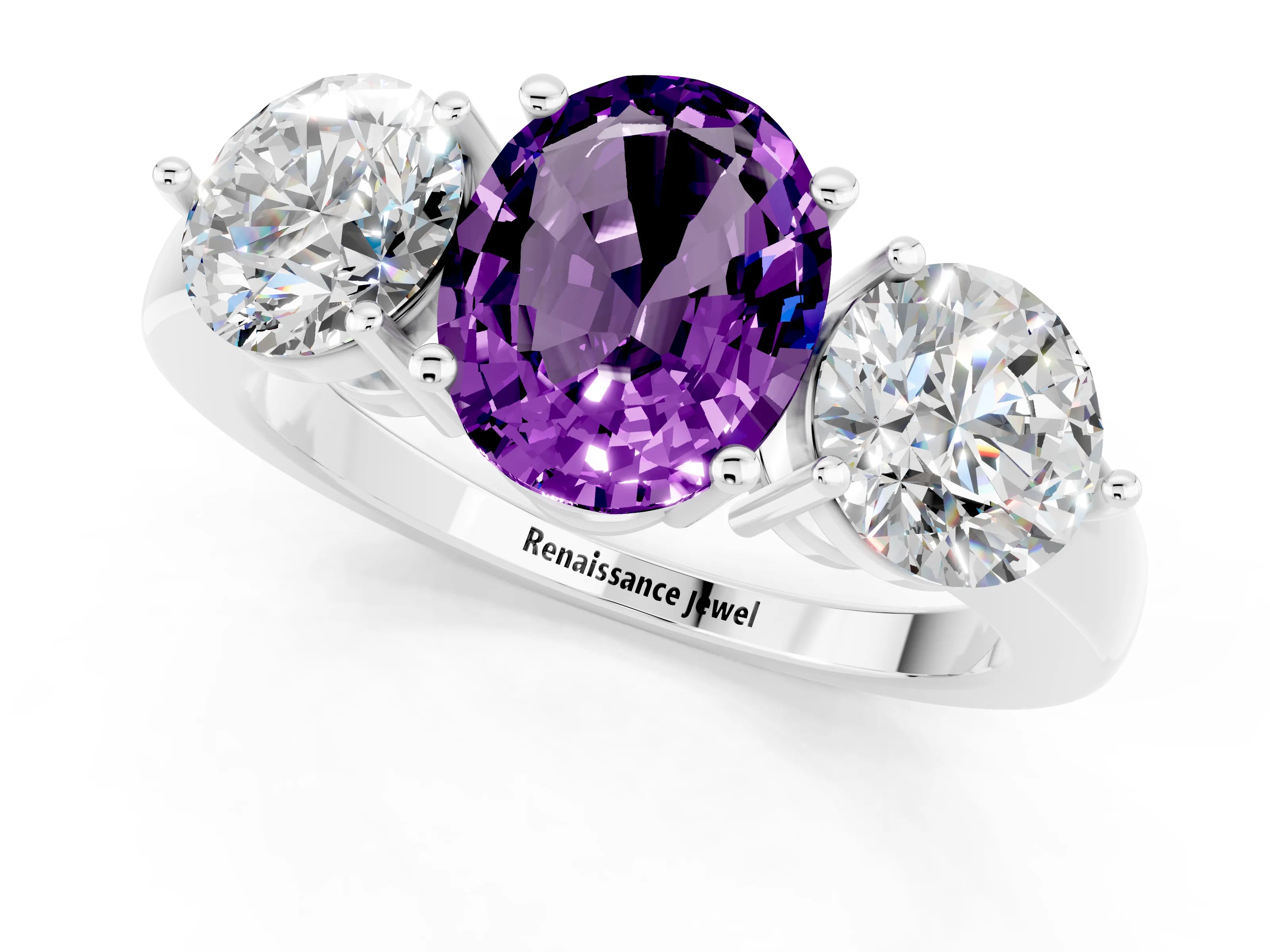 White gold Oval Cut Amethyst Three-Stone Ring with Prong Setting and Classic Band_1
