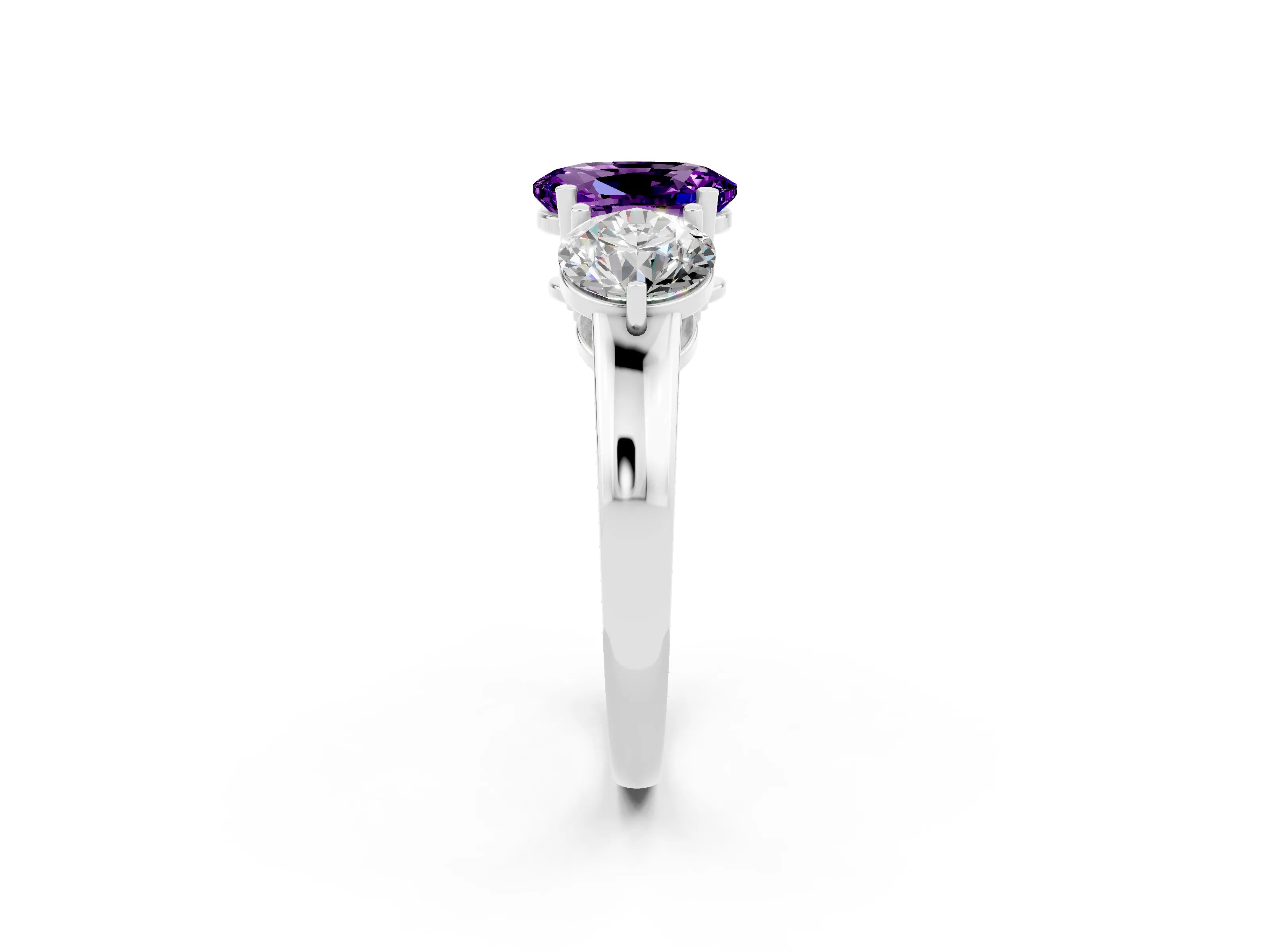 White gold Oval Cut Amethyst Three-Stone Ring with Prong Setting and Classic Band_2