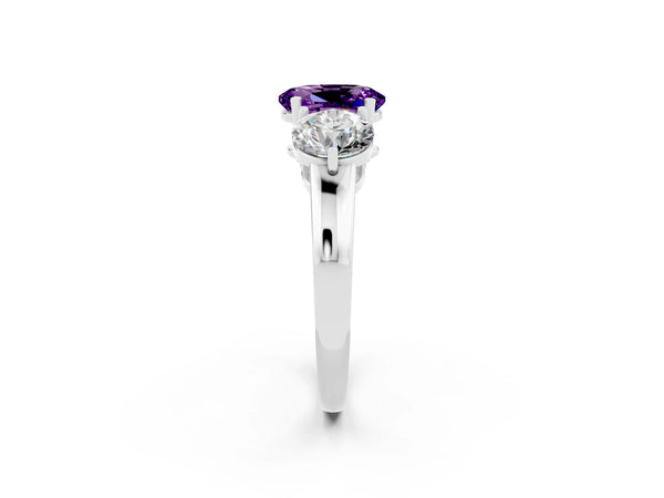 White gold Oval Cut Amethyst Three-Stone Ring with Prong Setting and Classic Band