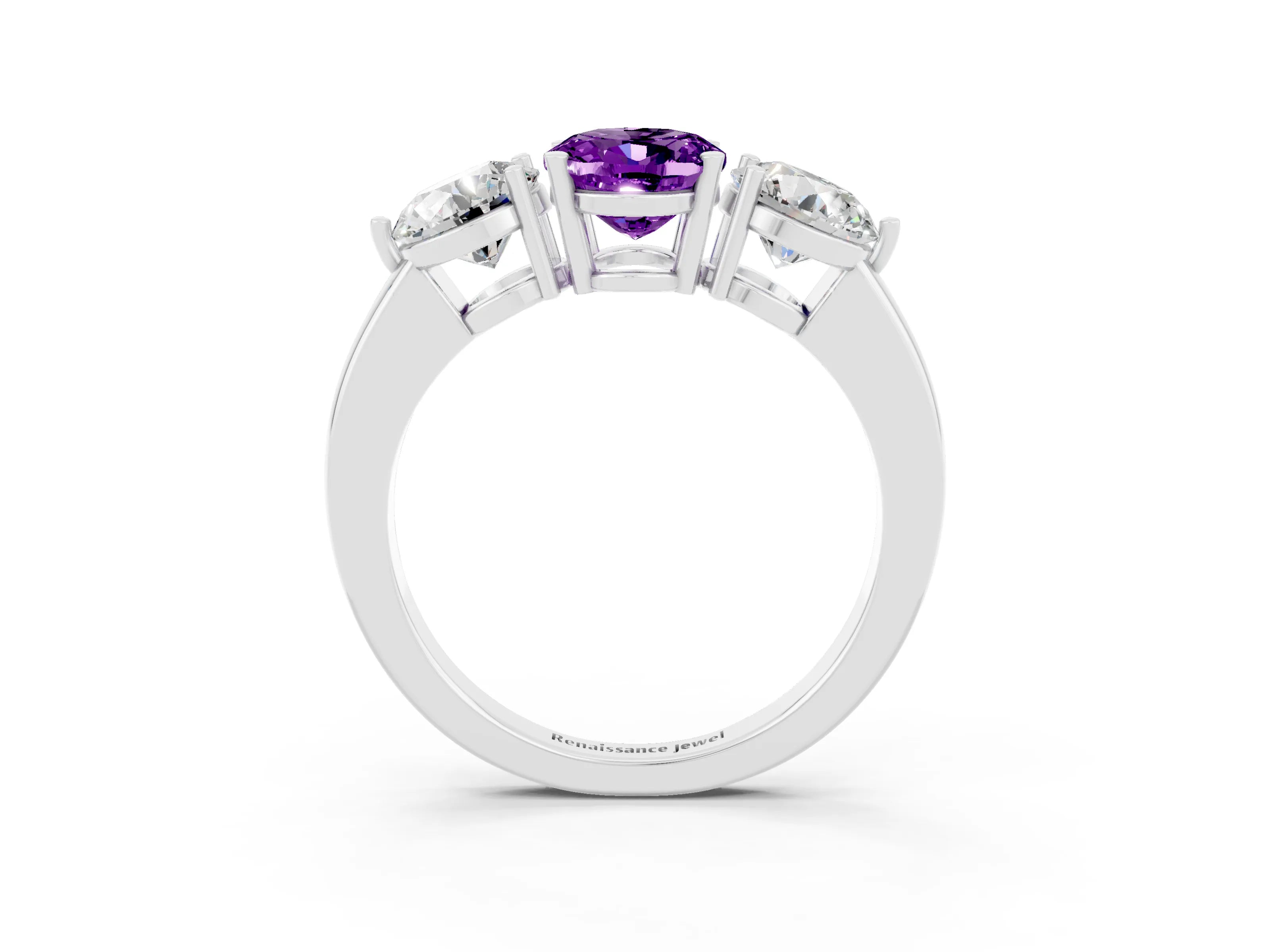 White gold Oval Cut Amethyst Three-Stone Ring with Prong Setting and Classic Band_3