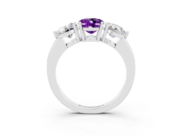 White gold Oval Cut Amethyst Three-Stone Ring with Prong Setting and Classic Band