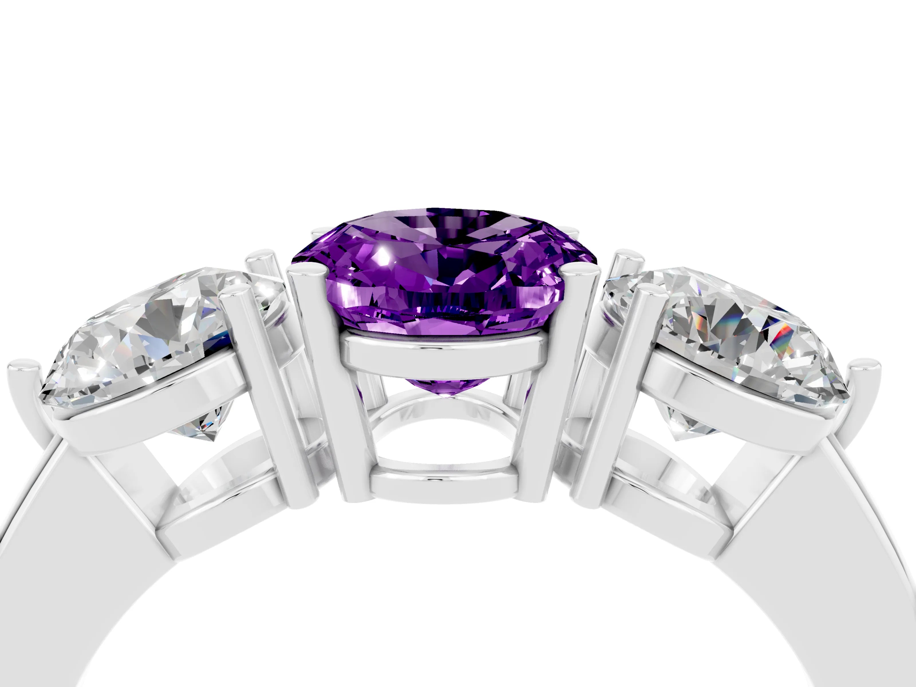 White gold Oval Cut Amethyst Three-Stone Ring with Prong Setting and Classic Band_4