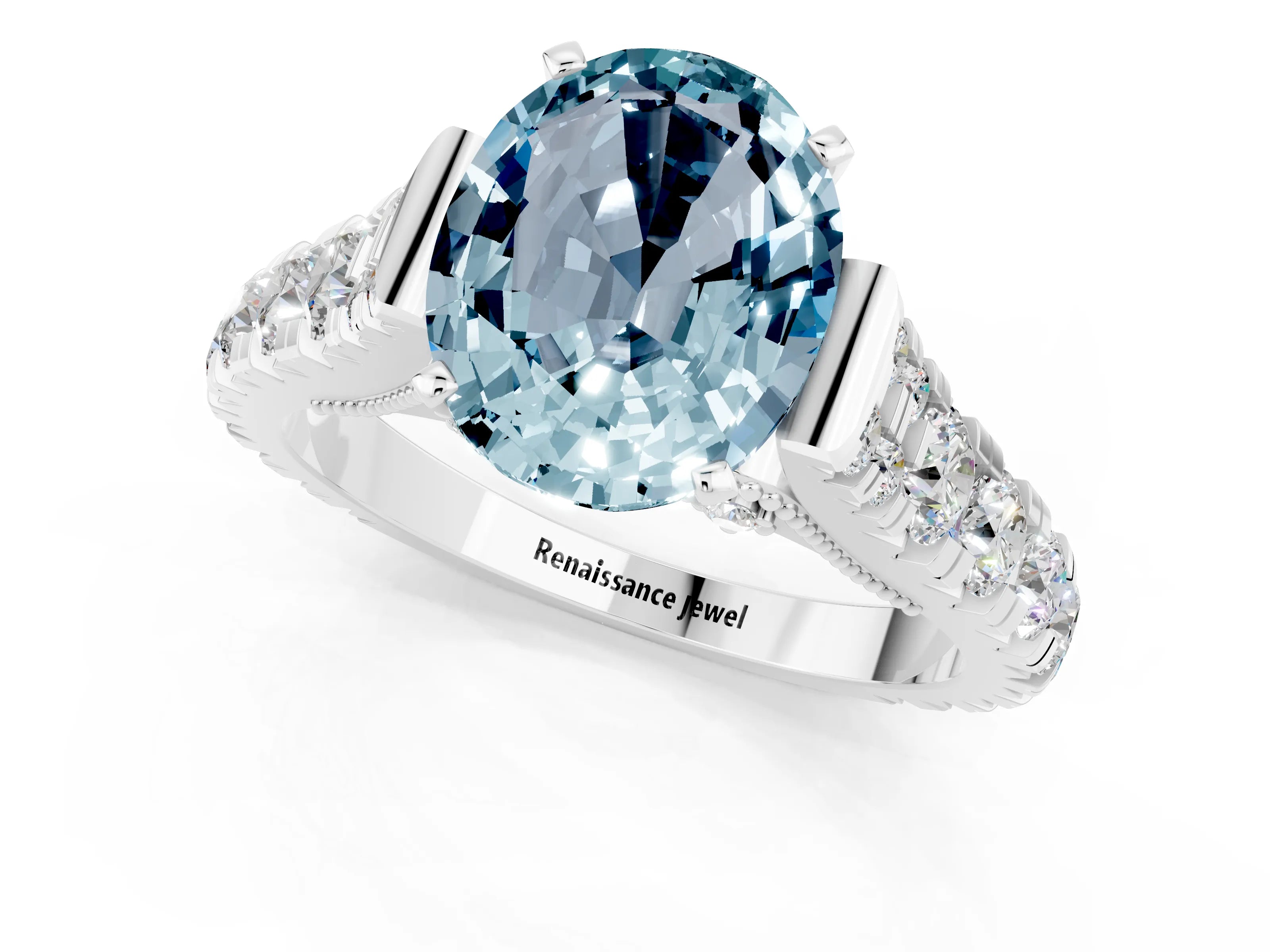 White gold Oval Cut Aquamarine Classic Solitaire Ring with Pavé Band and Four-Prong Setting_1